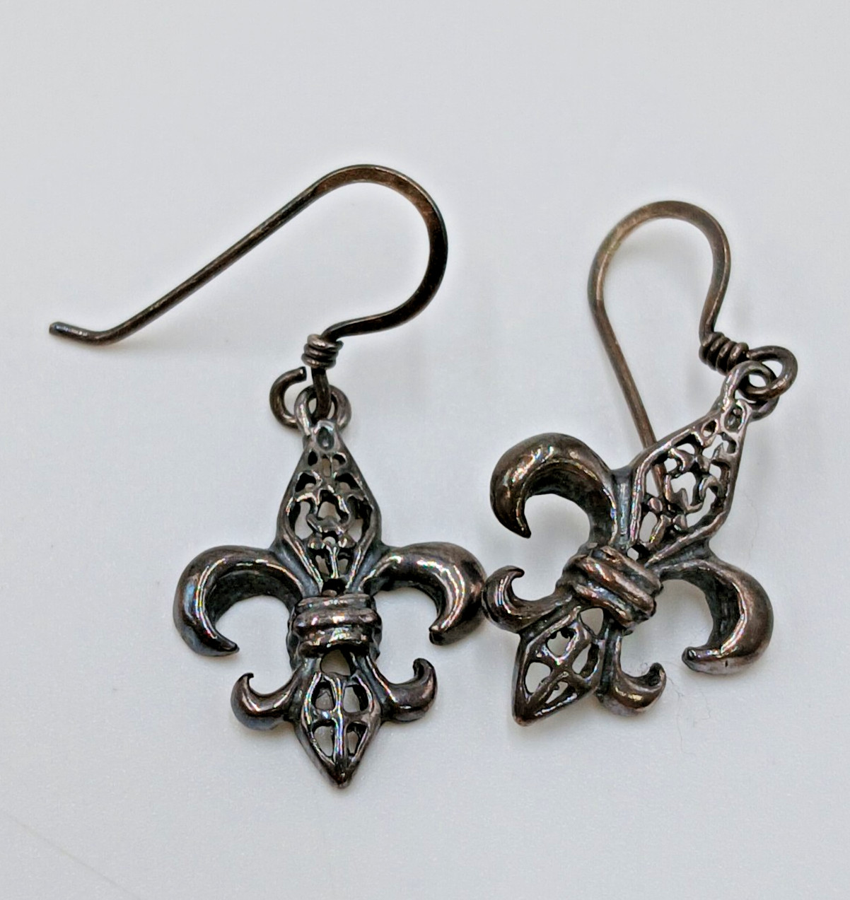 VTG 925 Fleur De Lis Dangle Earrings 1.5in Drop Sterling Silver 2g Estate