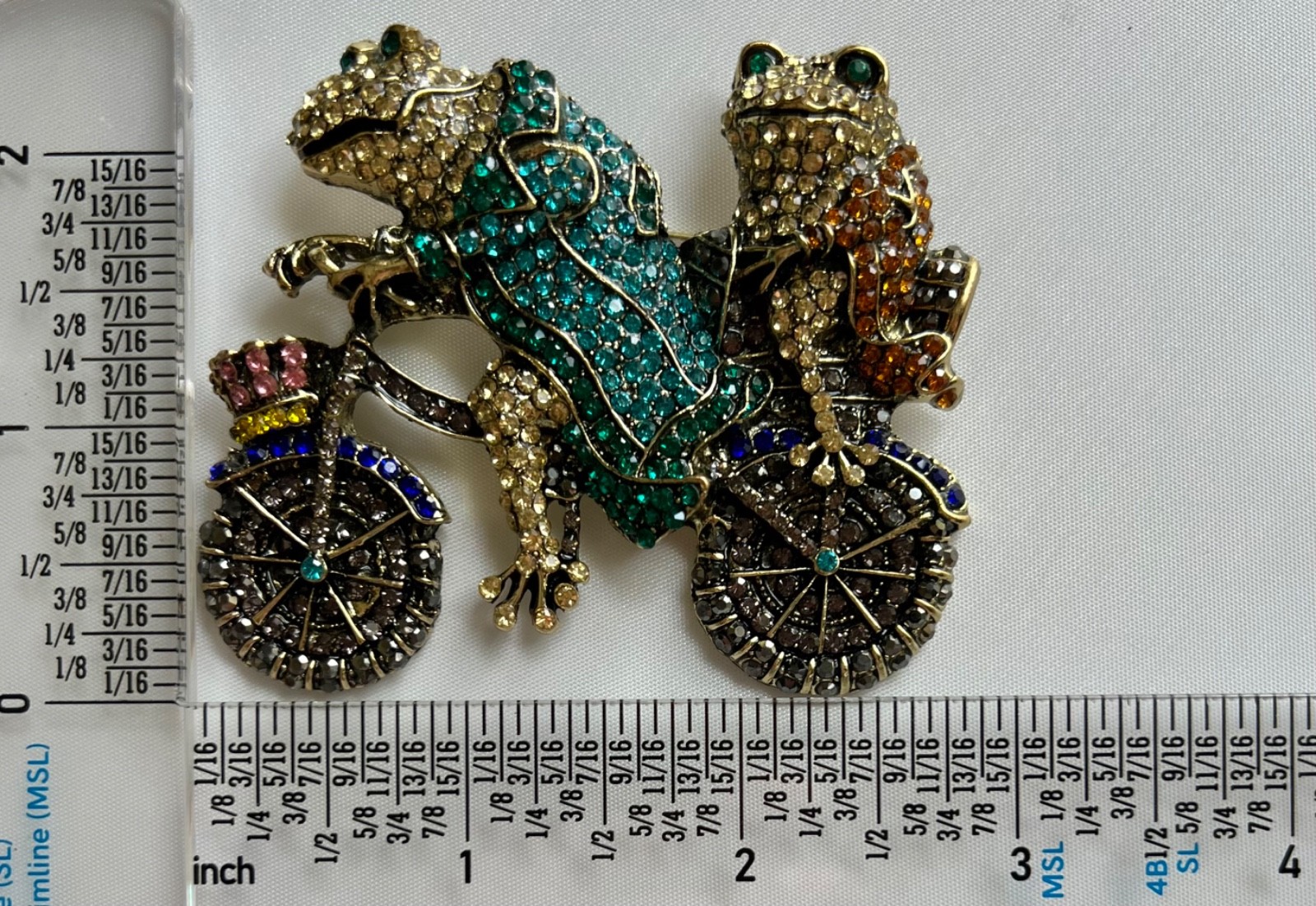 Large Whimsical Frog Pin Rhinestone Toad RIDING bike prince crown vtg Brooch
