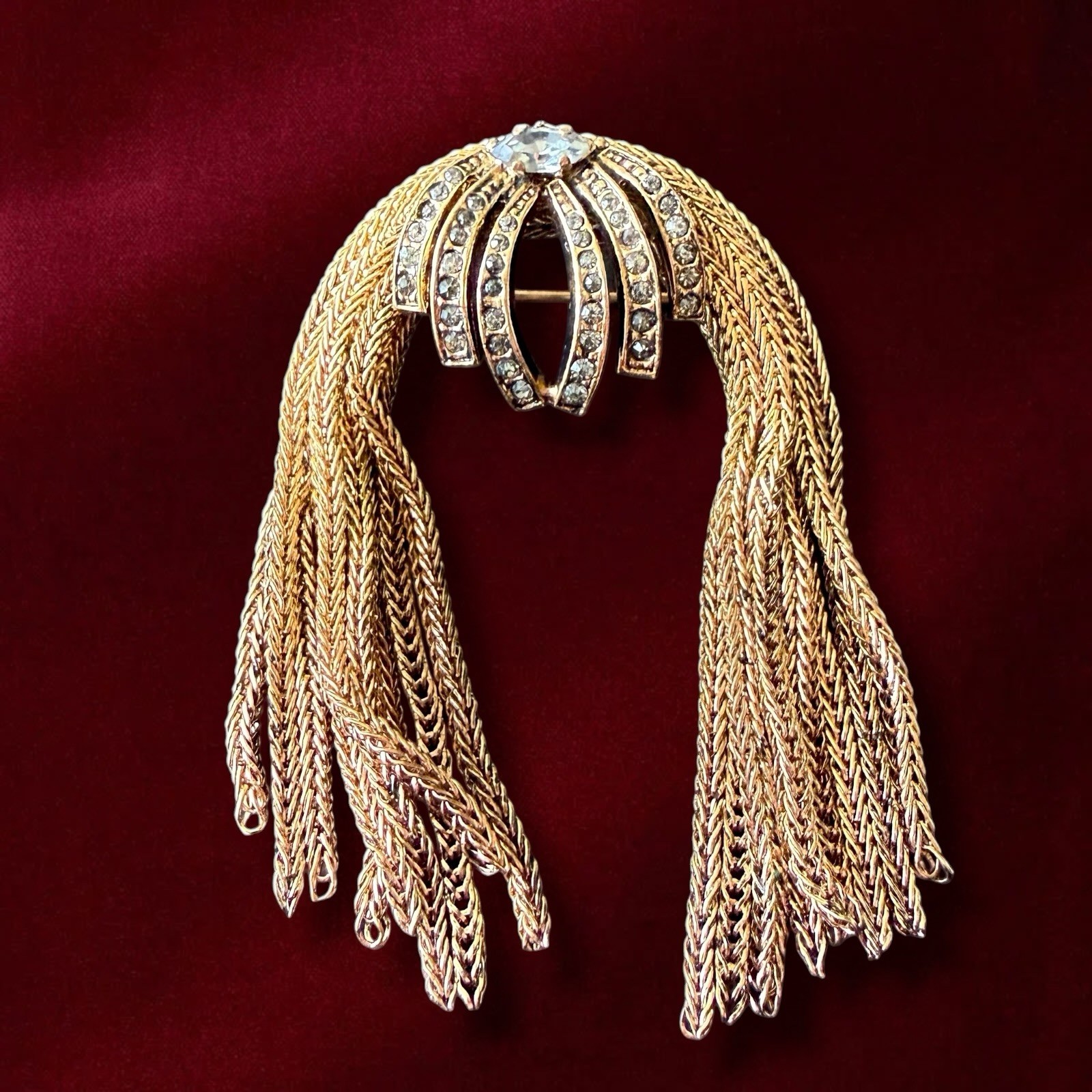 Tassel Brooch Gold Tone Rhinestone Mid Century Vintage Pin Fringe Waterfall