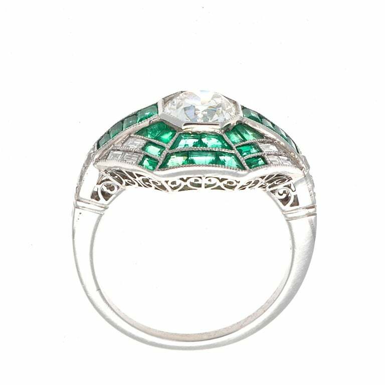 Featuring a 0.96CT Old European Cut CZ With Vivid Green Emerald 1.86CT Deco Ring