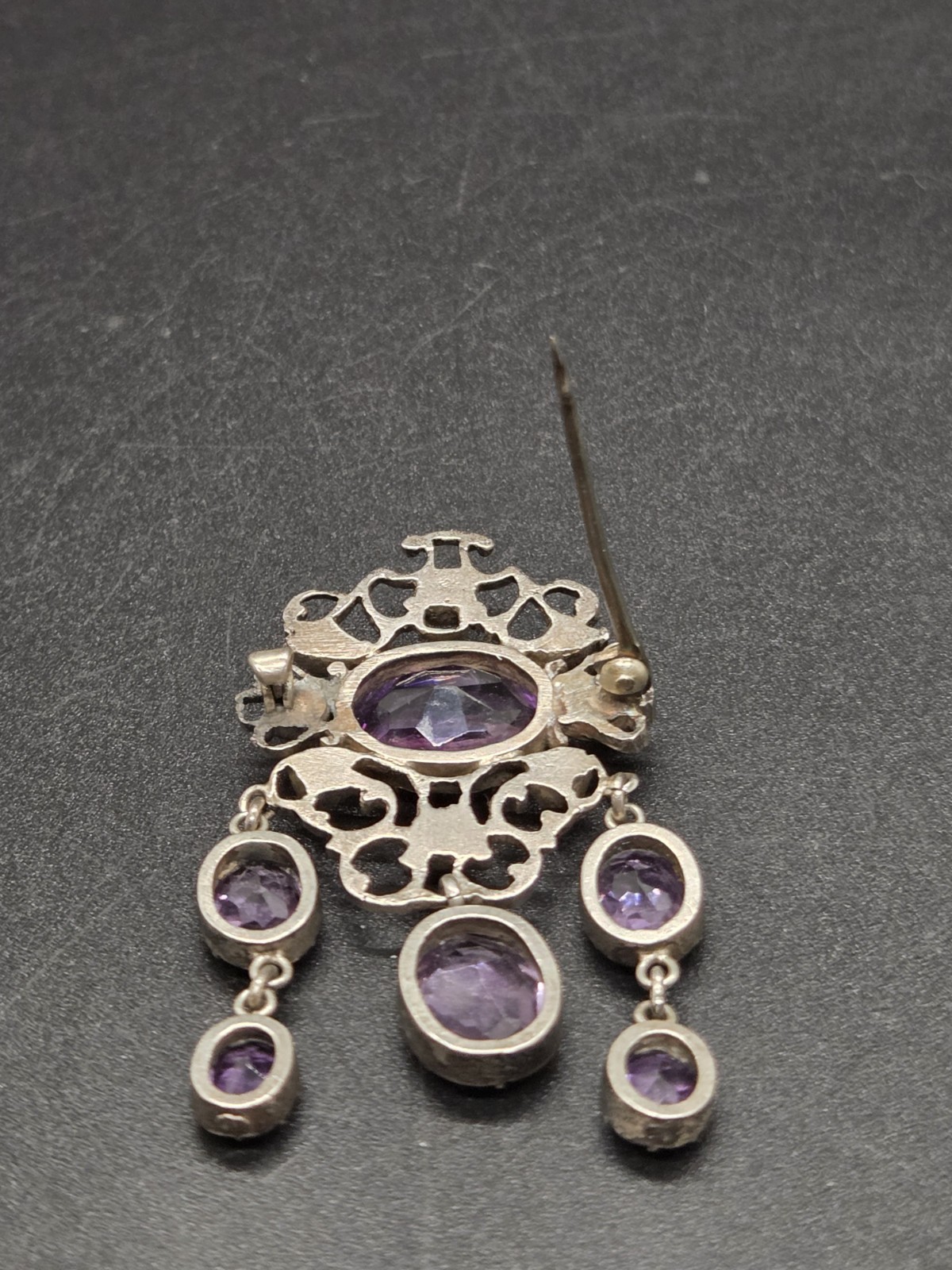 Antique Victorian Sterling Silver Purple Amethyst Dangle Brooch Festoon Pin OOAK