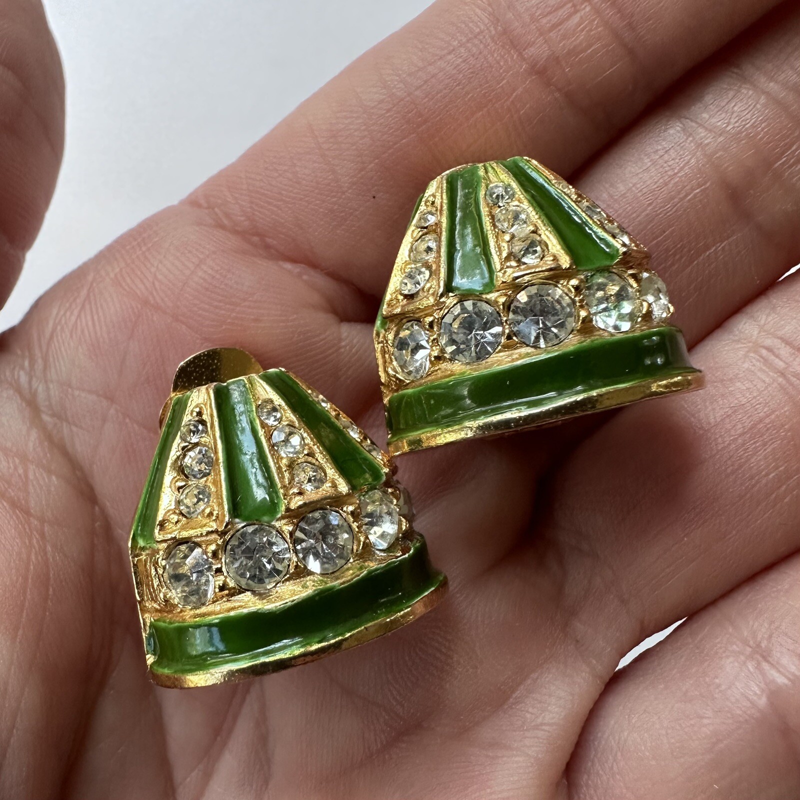 Vintage 1960s Kenneth Jay Lane Signed K.J.L. Gilt Enamel Rhinestone Earrings