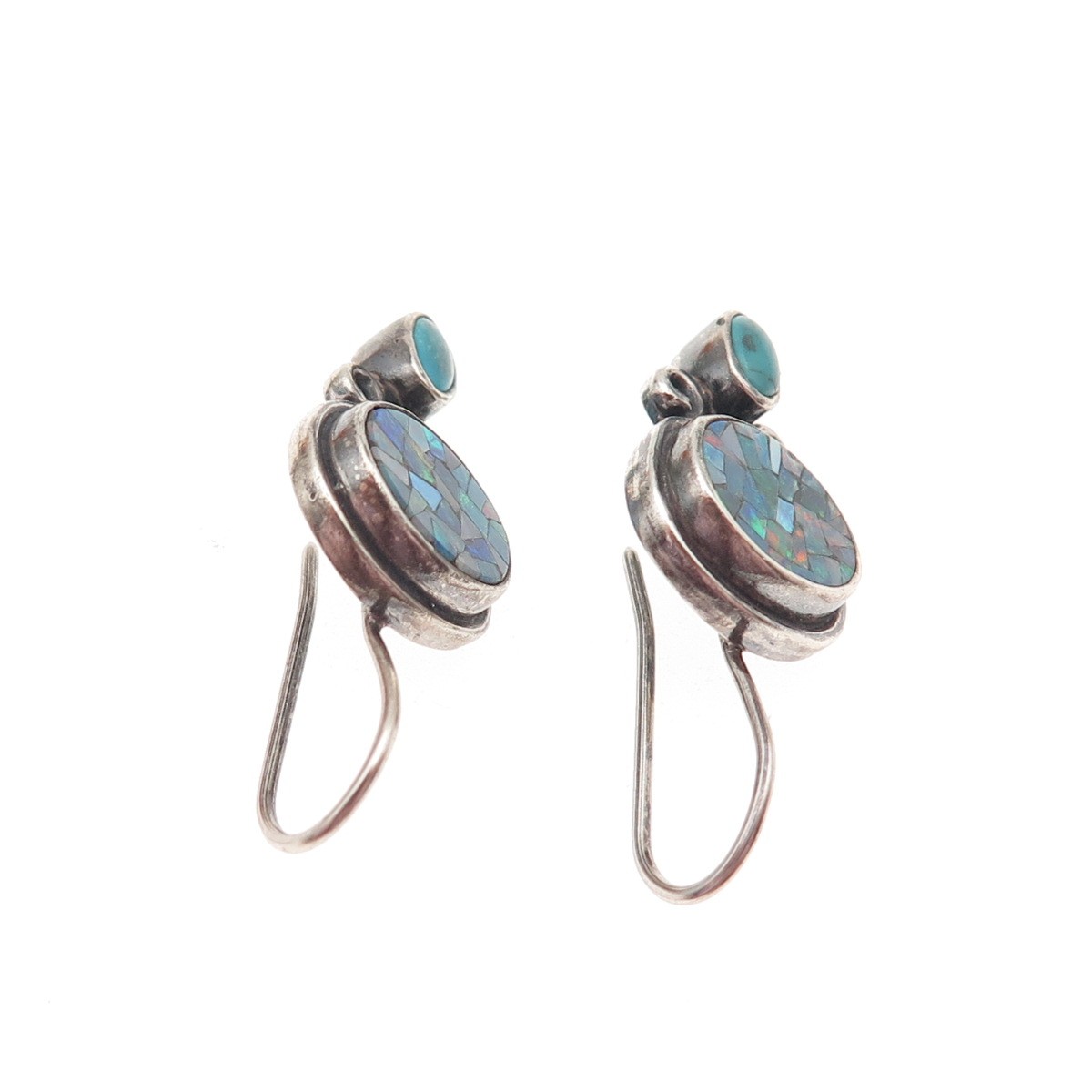 PB Paul Brackna 925 Sterling Silver Vintage Real Opal Inlay & Turquoise Earrings