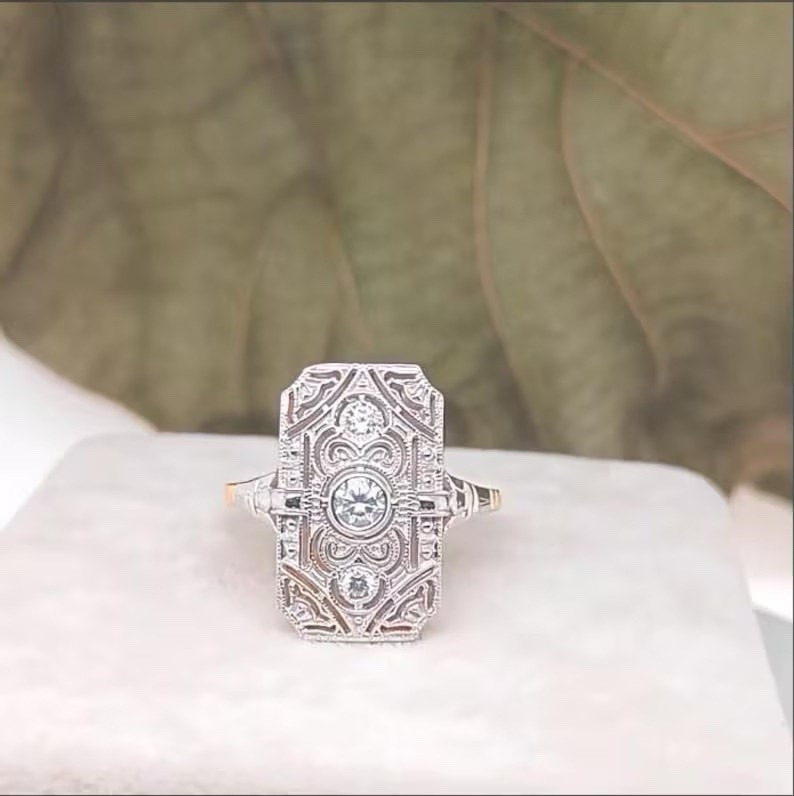 Edwardian 0.35 Ct Round Cut Moissanite Two-Tone Vintage Antique Tablet Ring