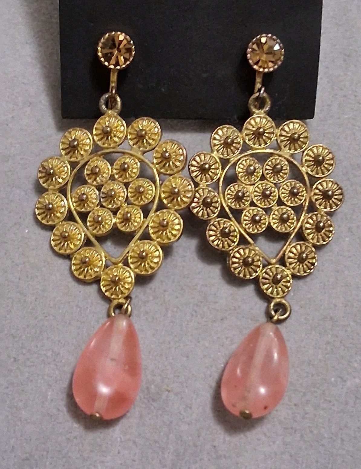 Vintage pink glass dangle drop stone ornate goldtone adjustable clip-on earrings