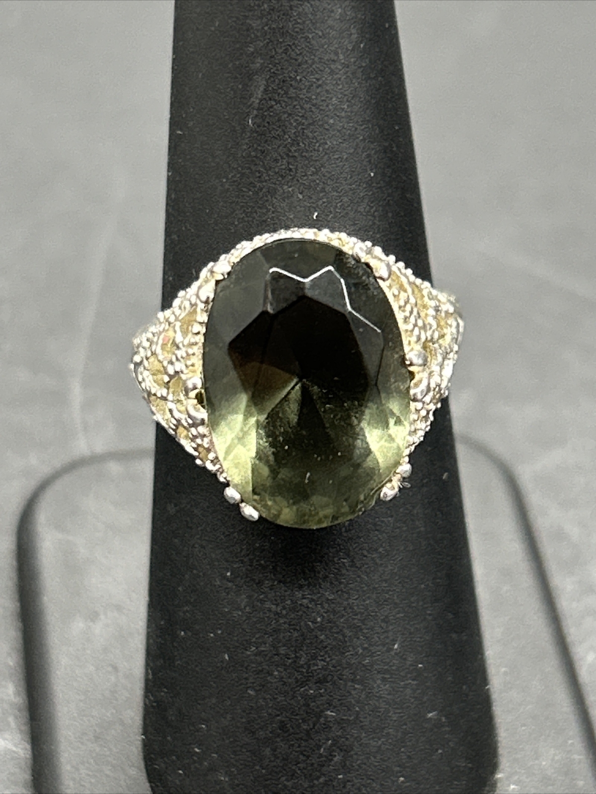 Vintage Sterling Filigree Cutout Ring With Smoky Green Stone Size 6-3/4 H19