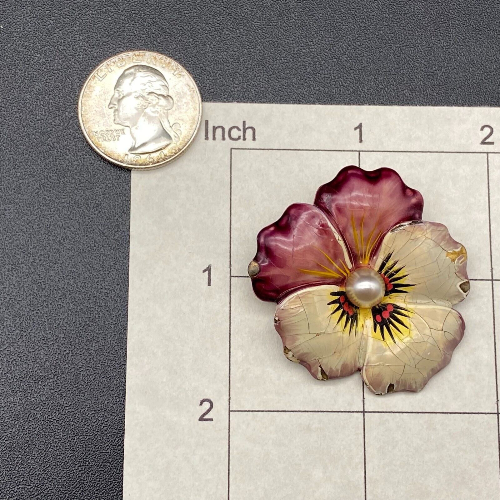 Vintage Enamel Pansy Flower Sterling Silver Pin Brooch