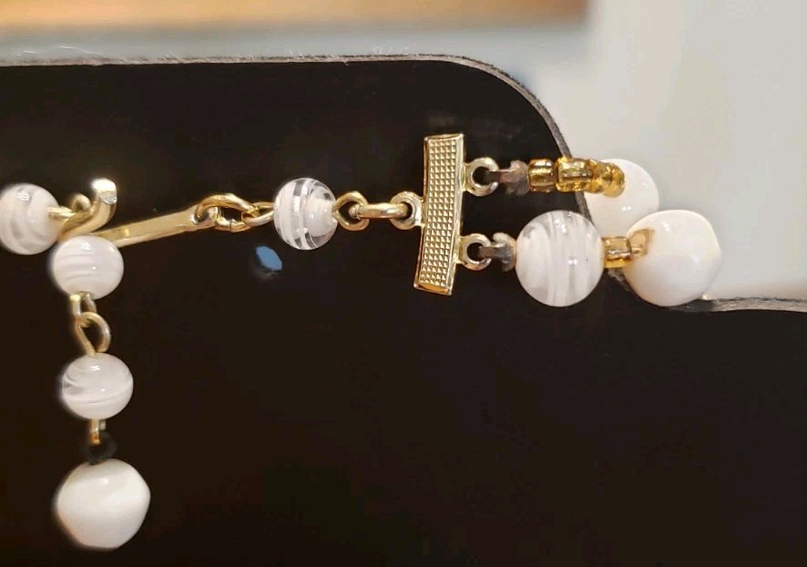 Vtg MCM Bridal Wedding Double Strand White Glass Bead Choker with Gold Accent