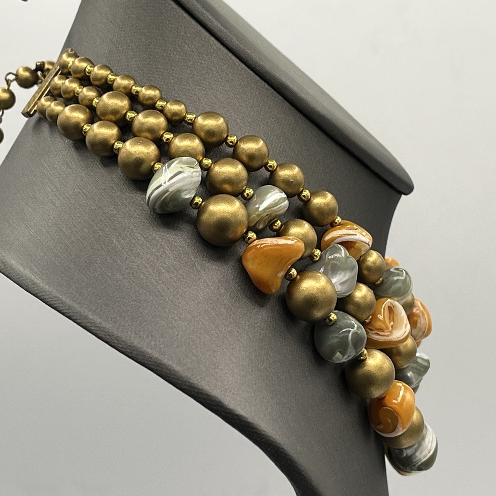 Stunning Vintage 3-Strand Orange Gray Bronze Beads 13” Choker