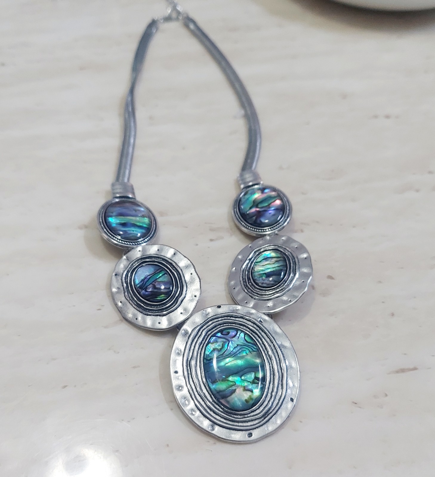 Vintage Iridescent Abalone Shell Statement Necklace Silver Tone Boho Tribal Paua