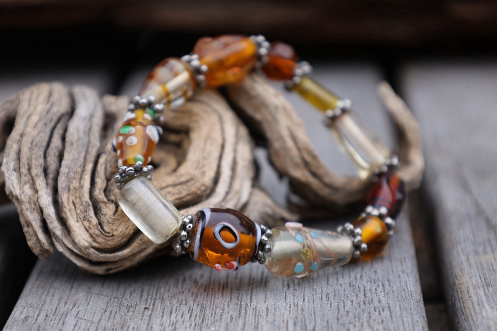 Vintage Lampwork Art Glass Bead Bracelet Amber Millefiori Stretch Boho Statement
