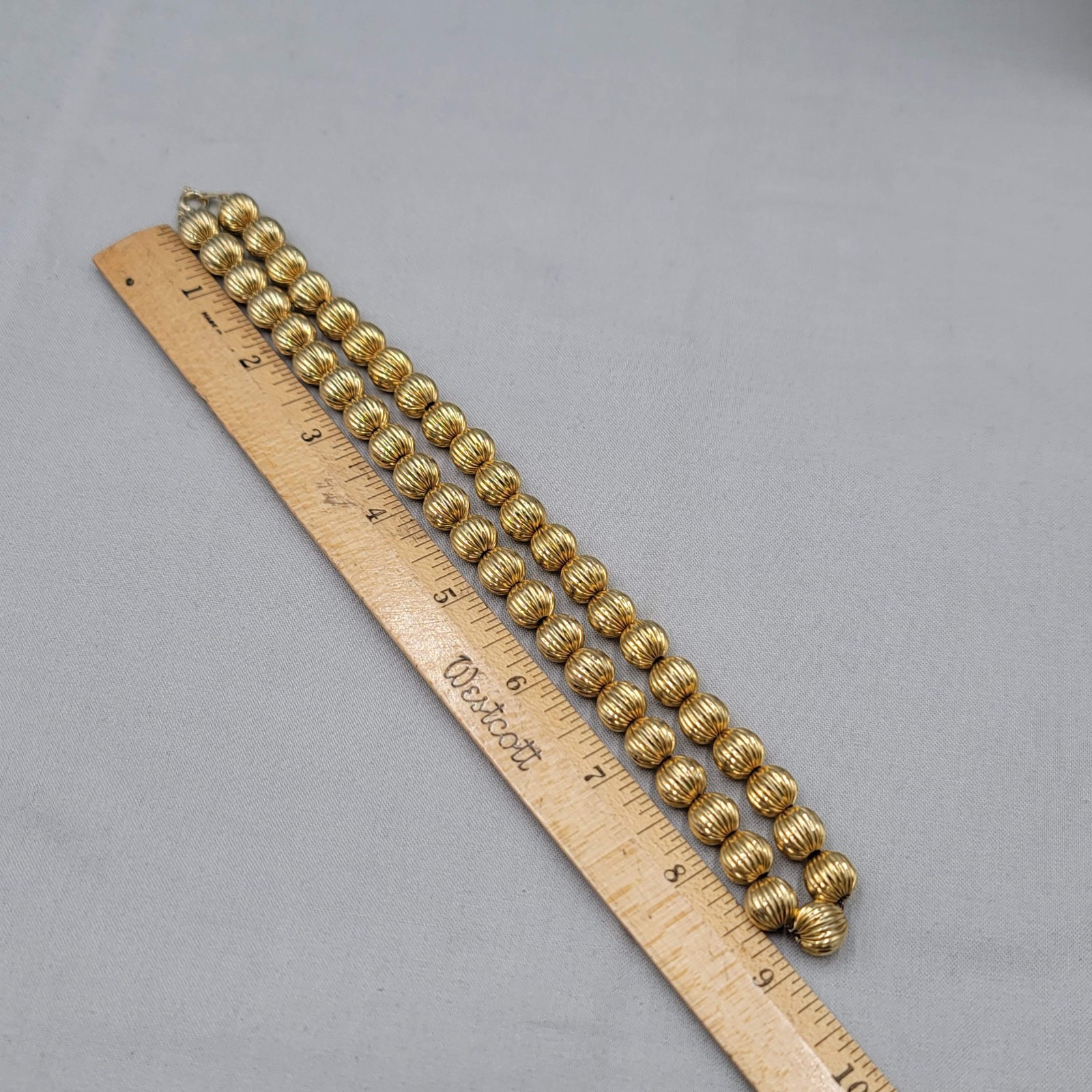 Vintage Ribbed Metal Bead Necklace 10 mm Gold Plated 18″