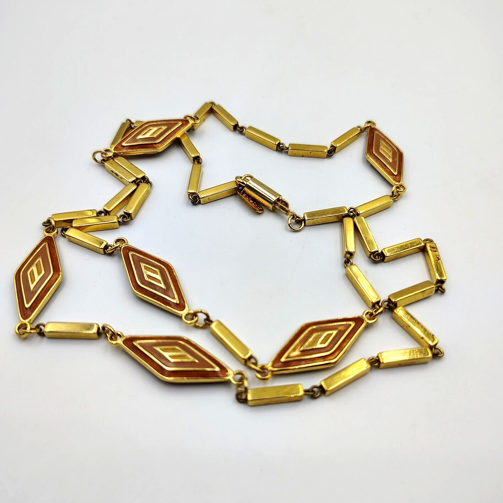 Vintage Orena Paris Gold Tone Enamoring Geometric Station Long Necklace