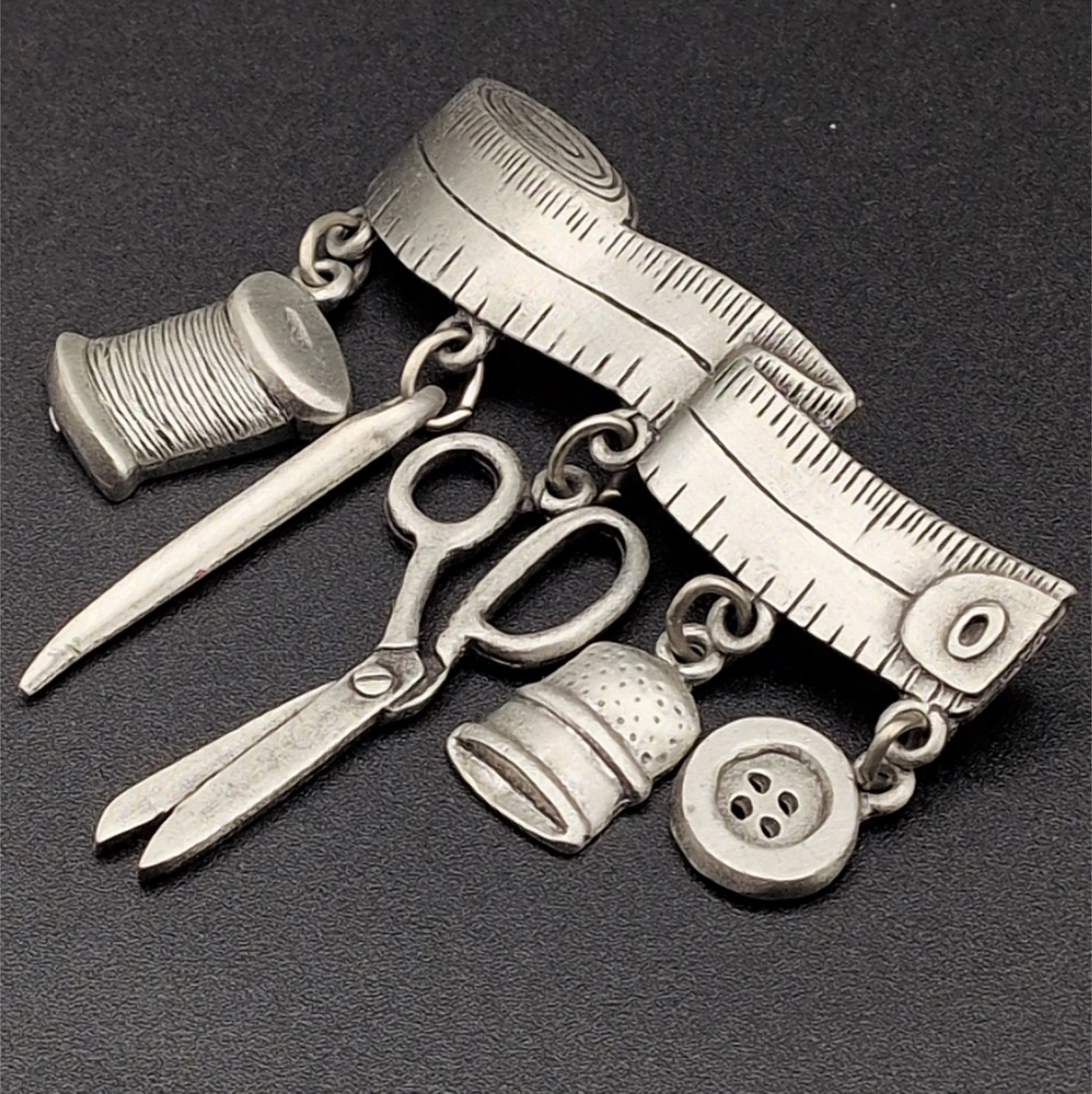 Brooch Pin Vintage JJ Sewing Quilting Dangle Measuring Tape Thread Needle Button