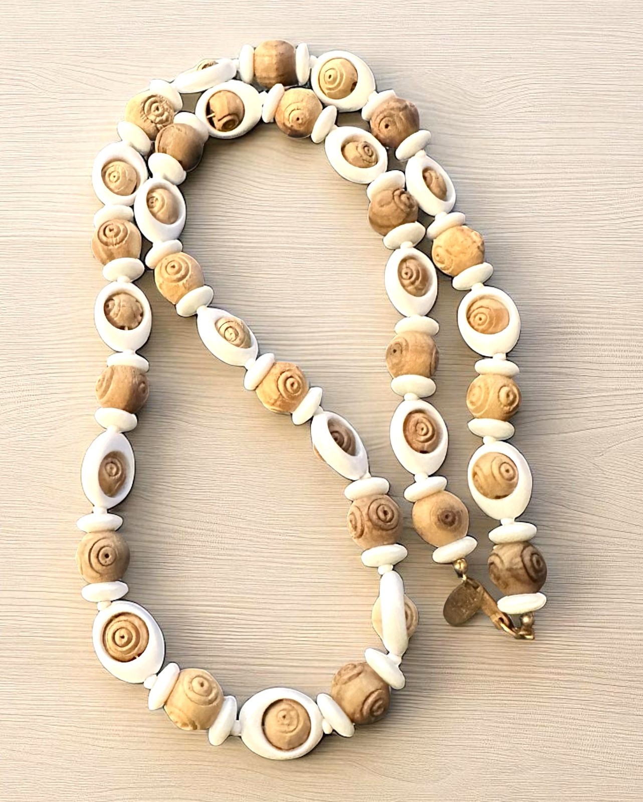 Vintage Miriam Haskell White Lucite and Carved Wood Beaded Necklace