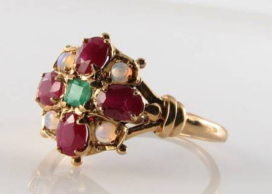 9CT 9K GOLD EMERALD RUBY OPAL CLUSTER ART DECO INS RING FREE RESIZE