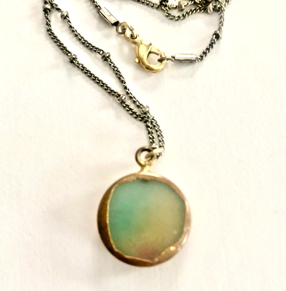 Pale Blue Druzy Quartz PENDANT CHAIN NECKLACE 34″ Silver Tone & Gold T Bezel VTG