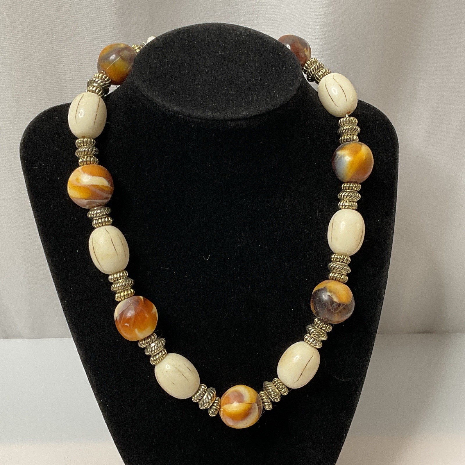 Vintage Chunky Beaded Necklace Resin Faux Amber & Faux Bone Boho Tribal 17-18”