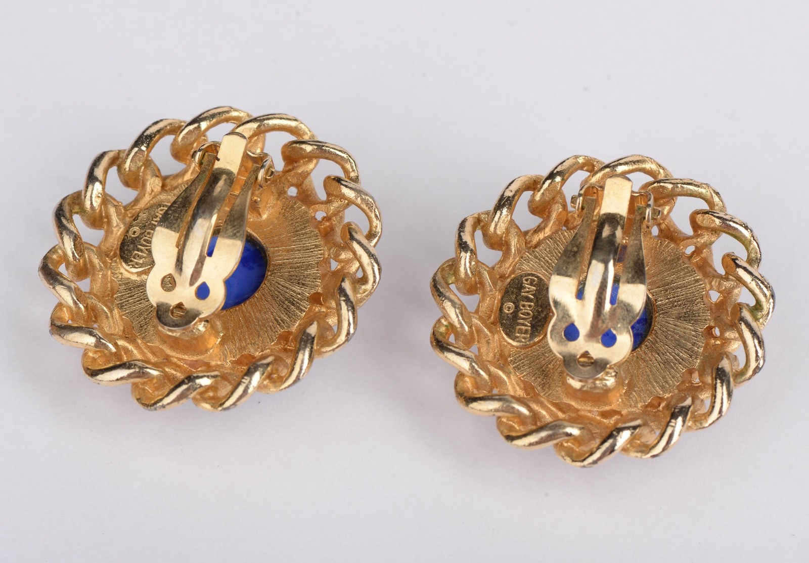 Vintage Gay Boyer Blue Cabochon Gold Tone Clip On Earrings 1.38in