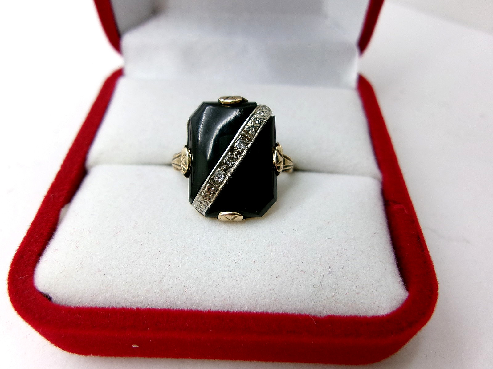 ❤️ Antique Vintage 10K Solid Yellow Gold Ladies’ Black Onyx & Dia Acc Ring 7-1/4