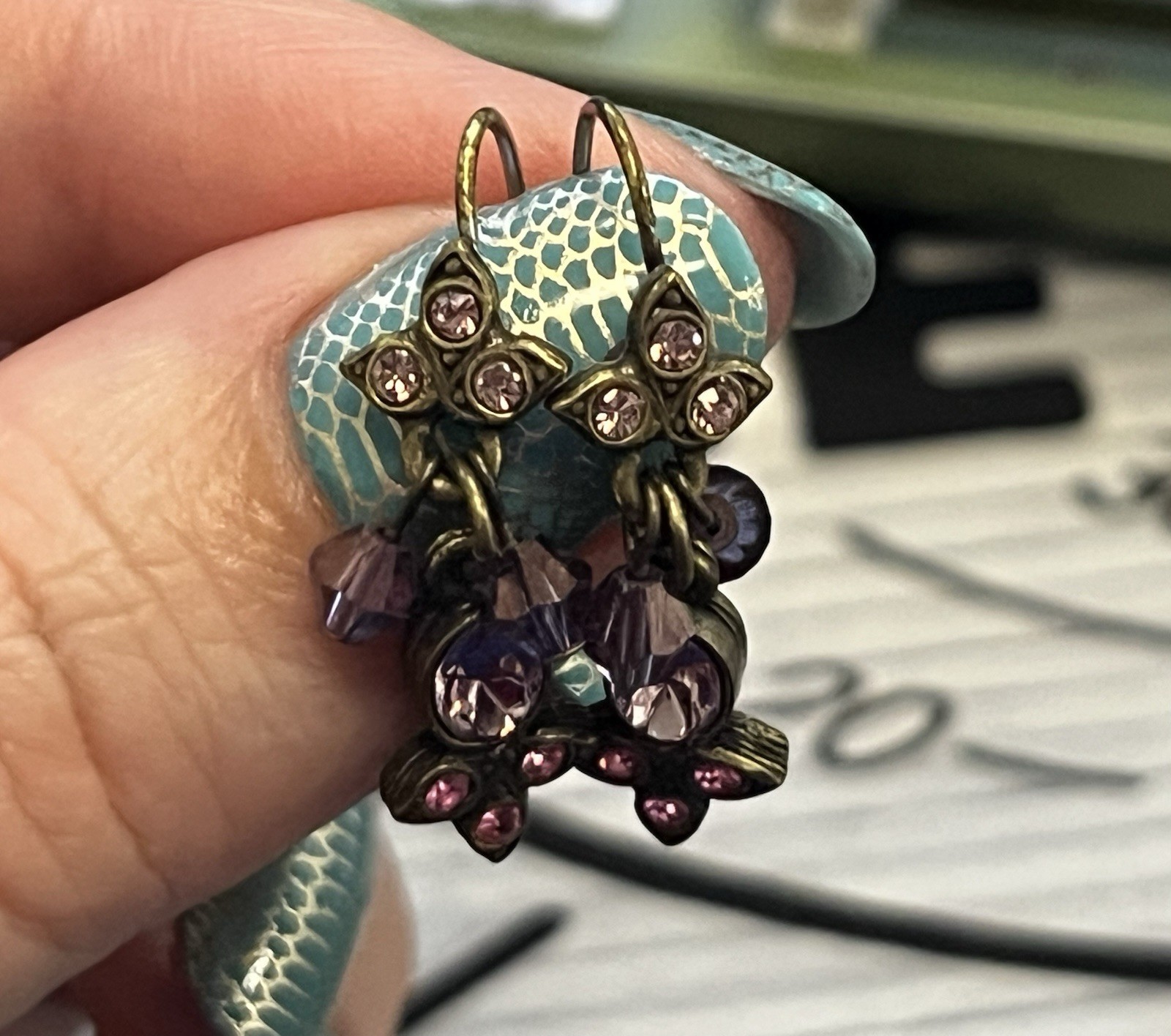 Pink Crystal Dangle Earrings with Aurora Purple Bicone Beads – Brass Setting