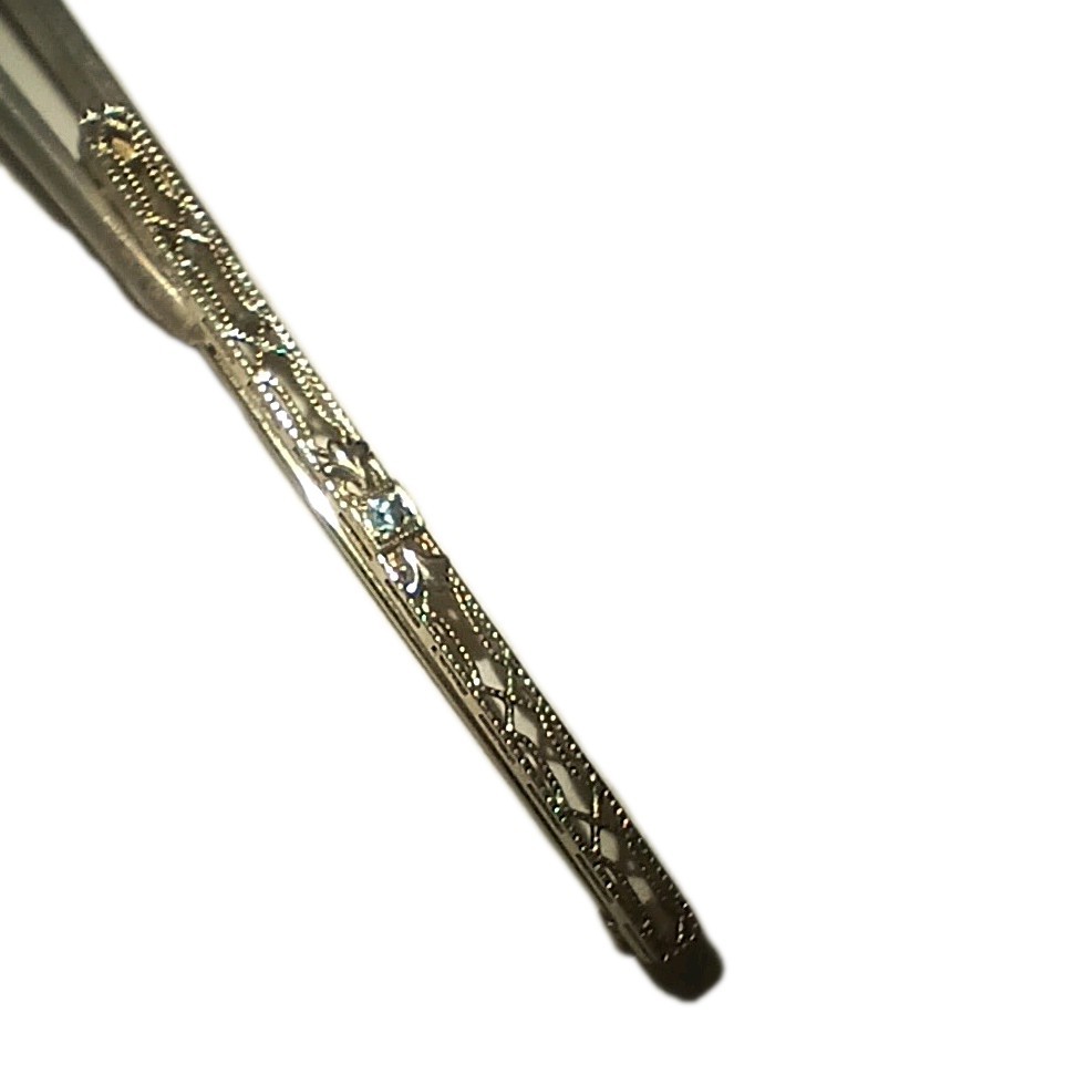 Antique 14kt White Gold and Small Sapphire Bar Pin with Safety Clasp