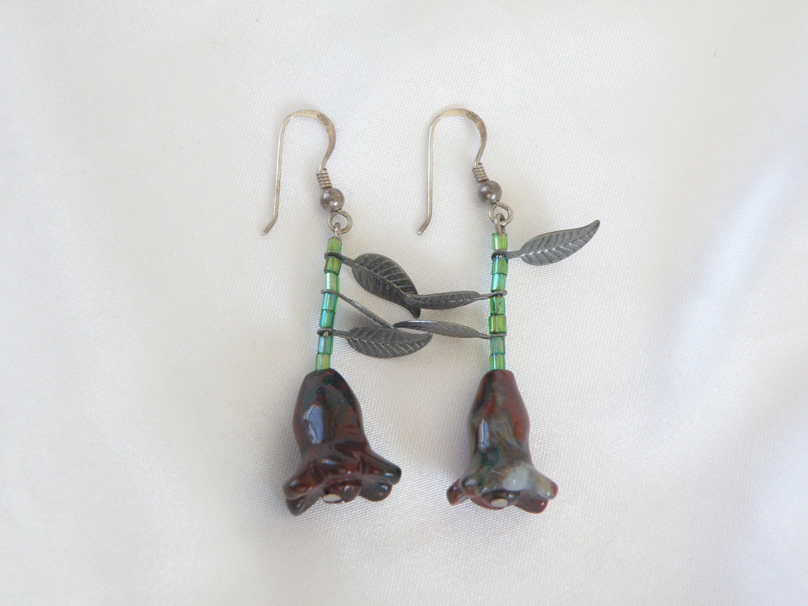 Vintage Sterling Silver 925 Artisan Tulip Flower Carved Stone Dangle Earrings