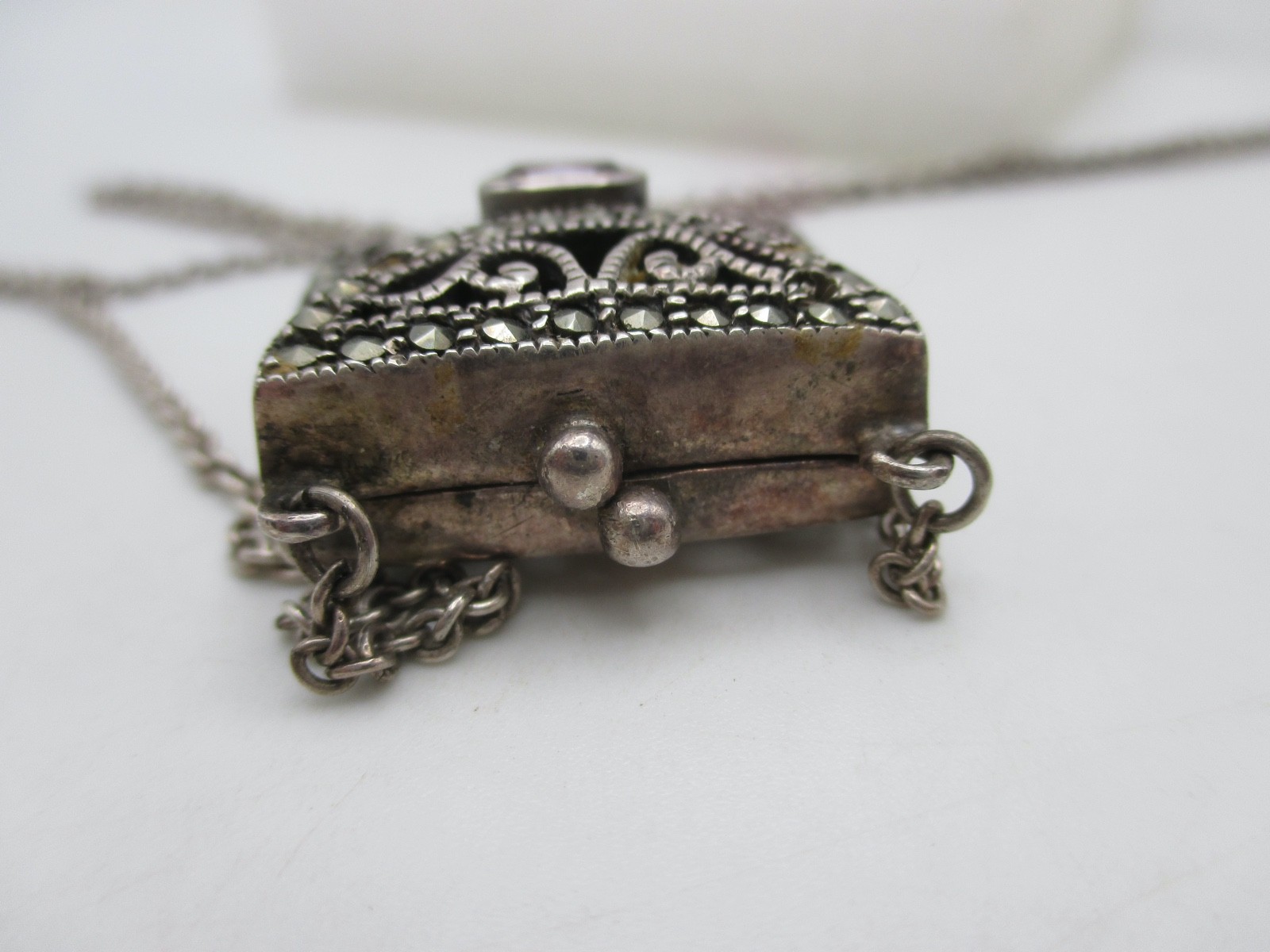 VTG Sterling Bali Scroll Amethyst Marcasite (2 missing) Purse Locket Necklace
