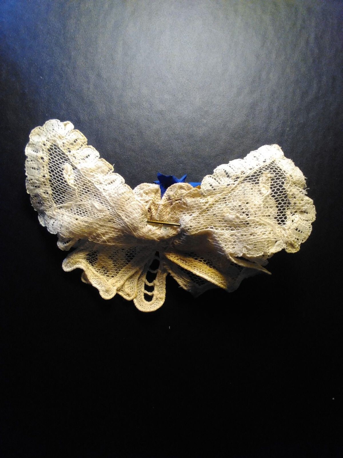 Vintage Violet Blue Floral Brooch Pin On Butterfly Shaped Delicate White Lace