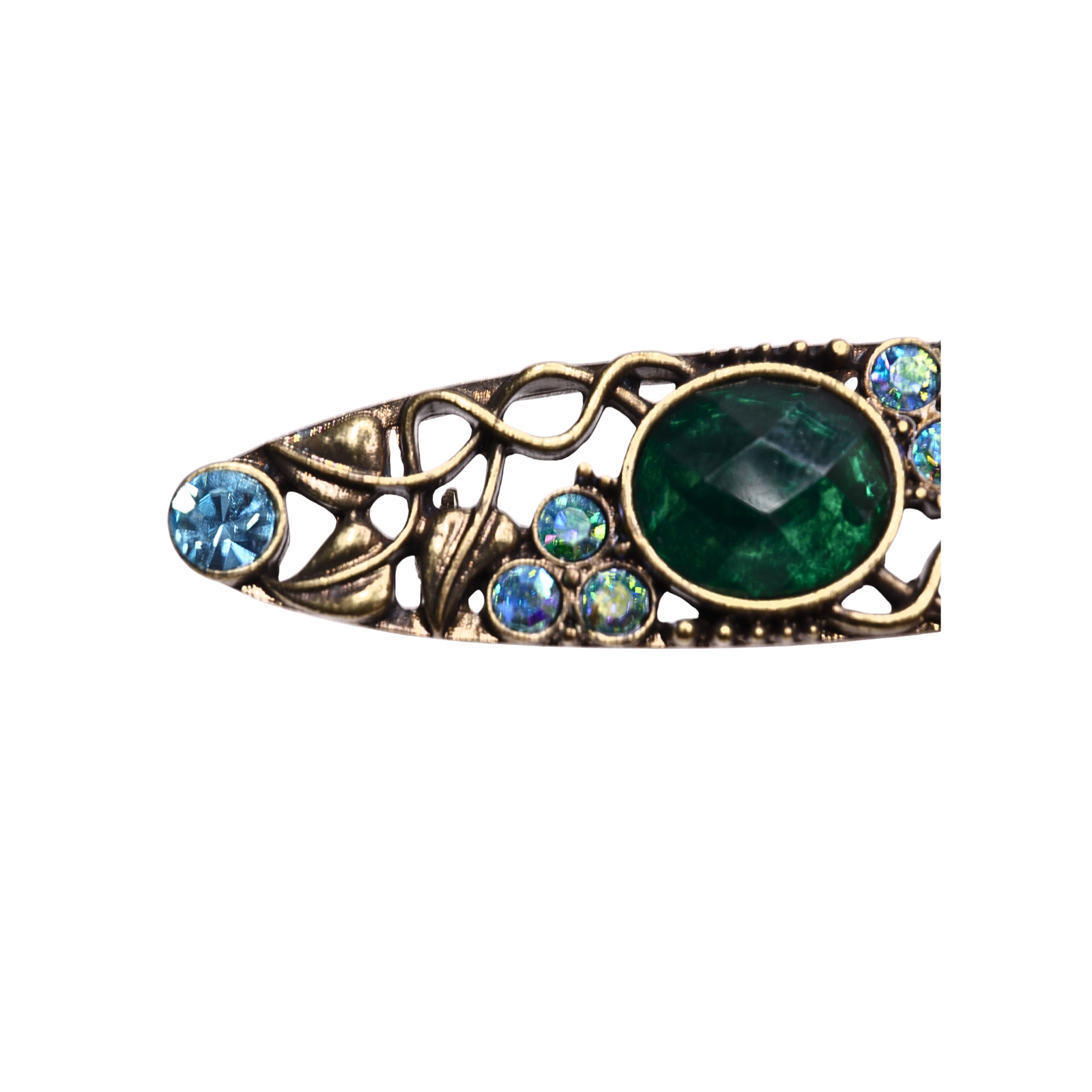 Green Blue Rhinestone Copper Look Brooch With Safety Clasp Closure – 2 Inches