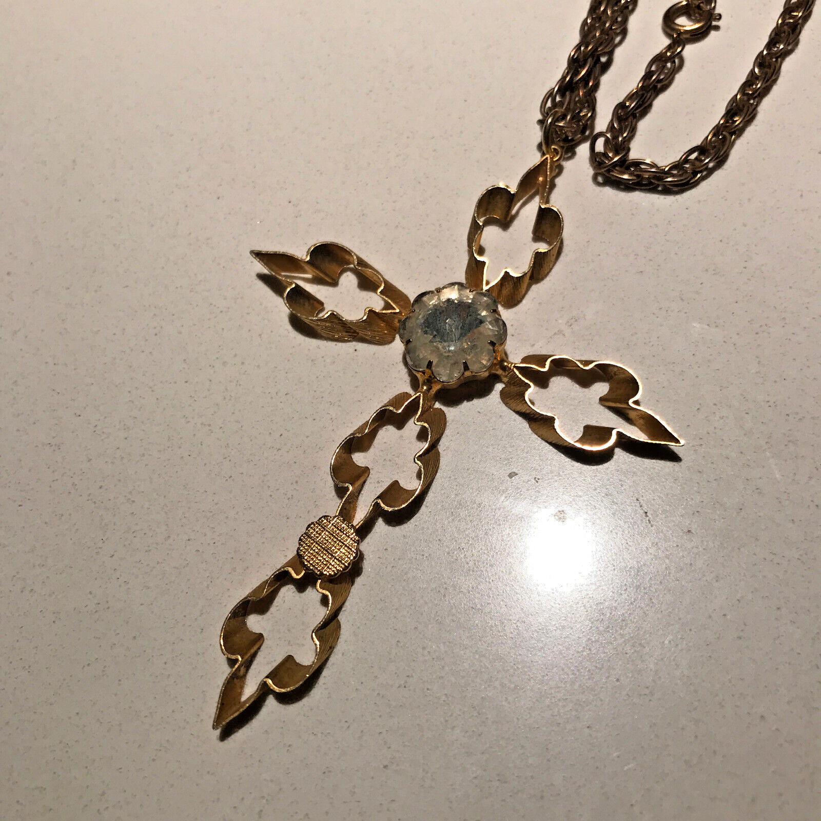 Vintage 3″ Gold Tone Cross 20″ Necklace Simulated Diamond April Birthstone