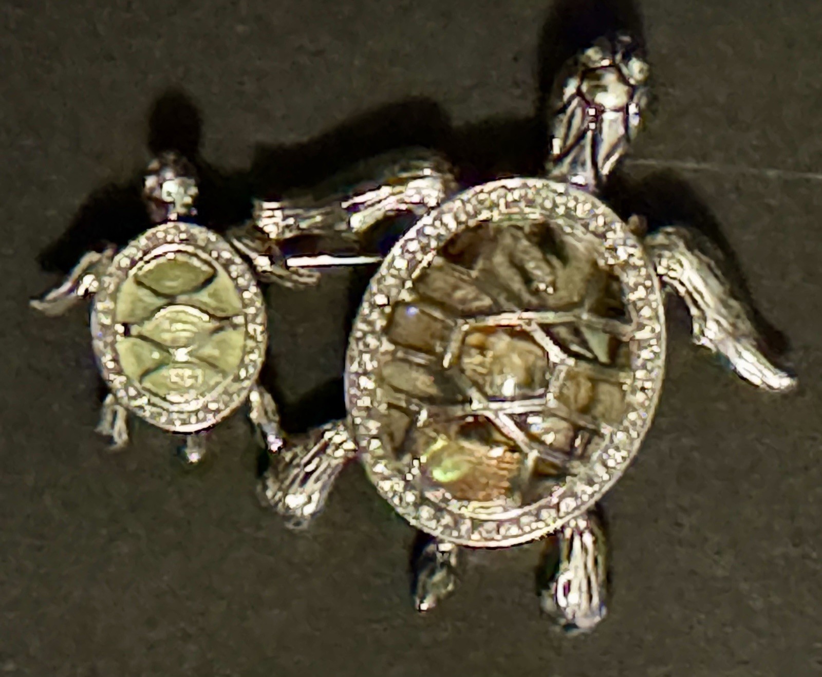 Vintage Napier Mom & Baby Turtle Pin Brooch Silver Tone Abalone Rhinestone Eyes