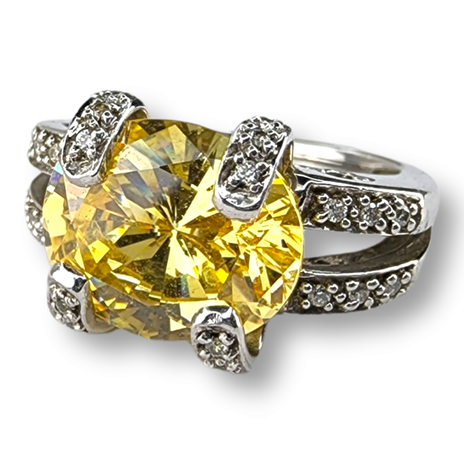 Vintage Sterling Silver 925 Yellow Faceted Citrine and Cubic Zirconia Ring SZ 5