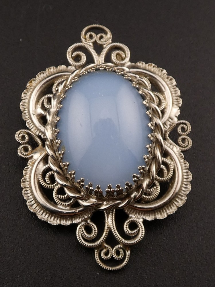 Vintage Glass Faux Moonstone Cabochon Brooch Pin and Clip On Earrings Set