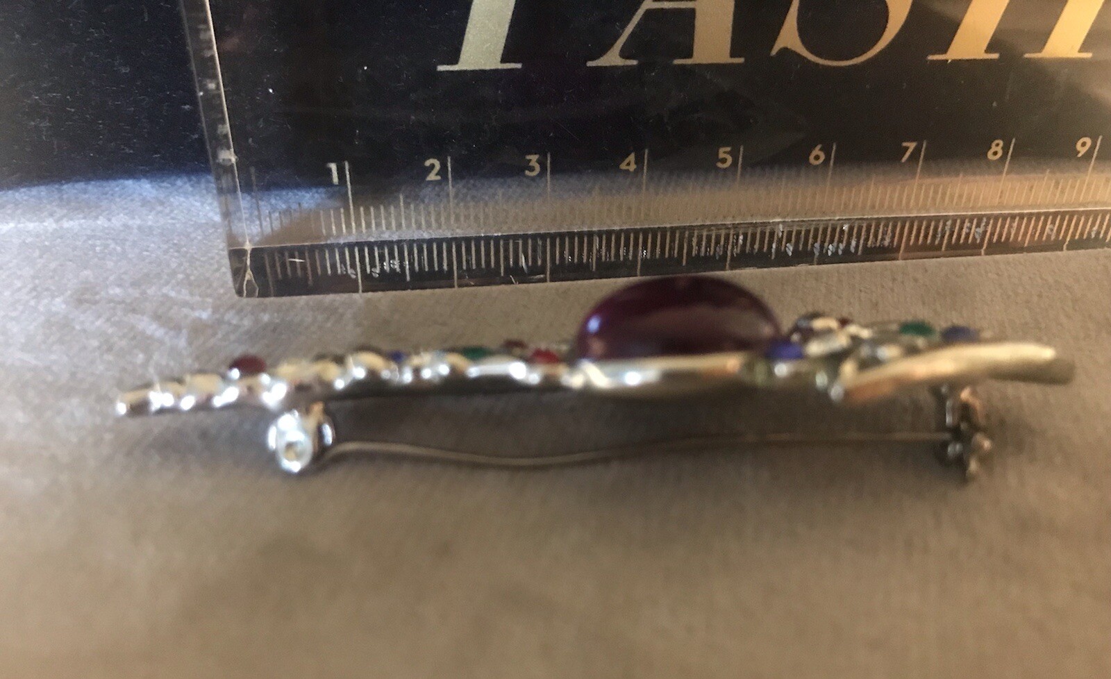 Colorful 80’s Look Brooch Purple Cabochon Central Stone w/White Red Green Blue