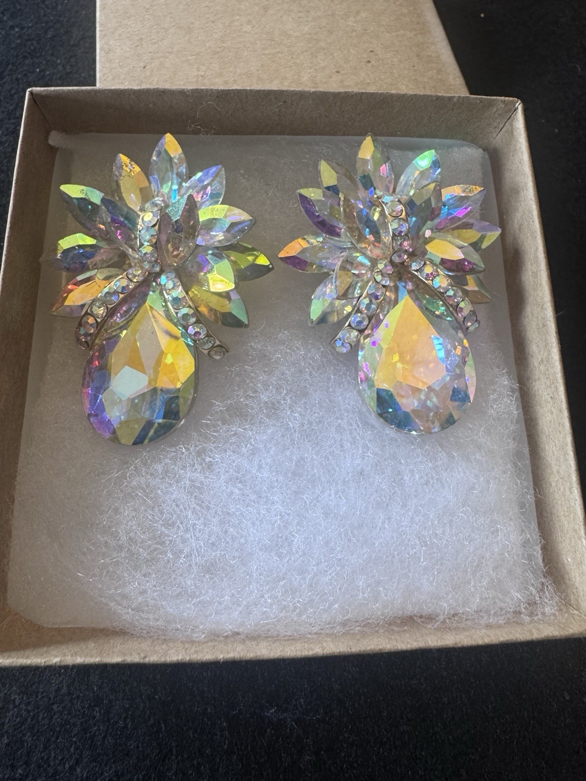 Vintage Aurora Borealis Rhinestone Earrings AB Crystal Floral Unbranded Clip On