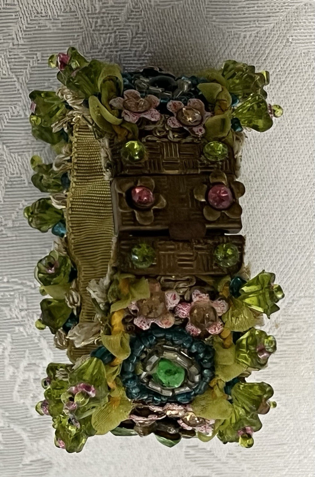 Vintage 1990s Victorian-style Beaded Ribbon Bracelet • Green & Pink Floral Motif