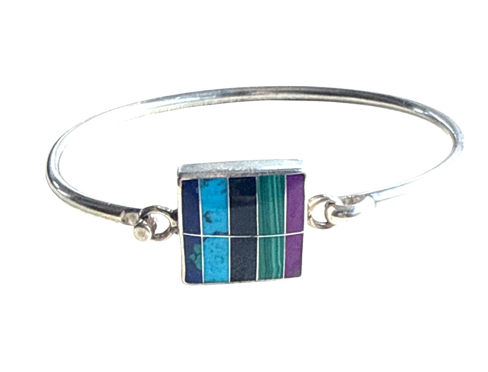 Vintage CII Mexico Sterling Silver Bracelet W/ Inlaid Multicolor Gemstone Panel