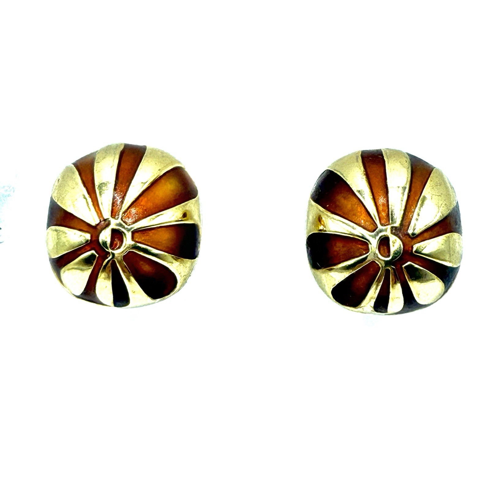 Vtg Orlena Goldtone Earrings ClipOn French Geometric Pattern Amber Enamel Rare G
