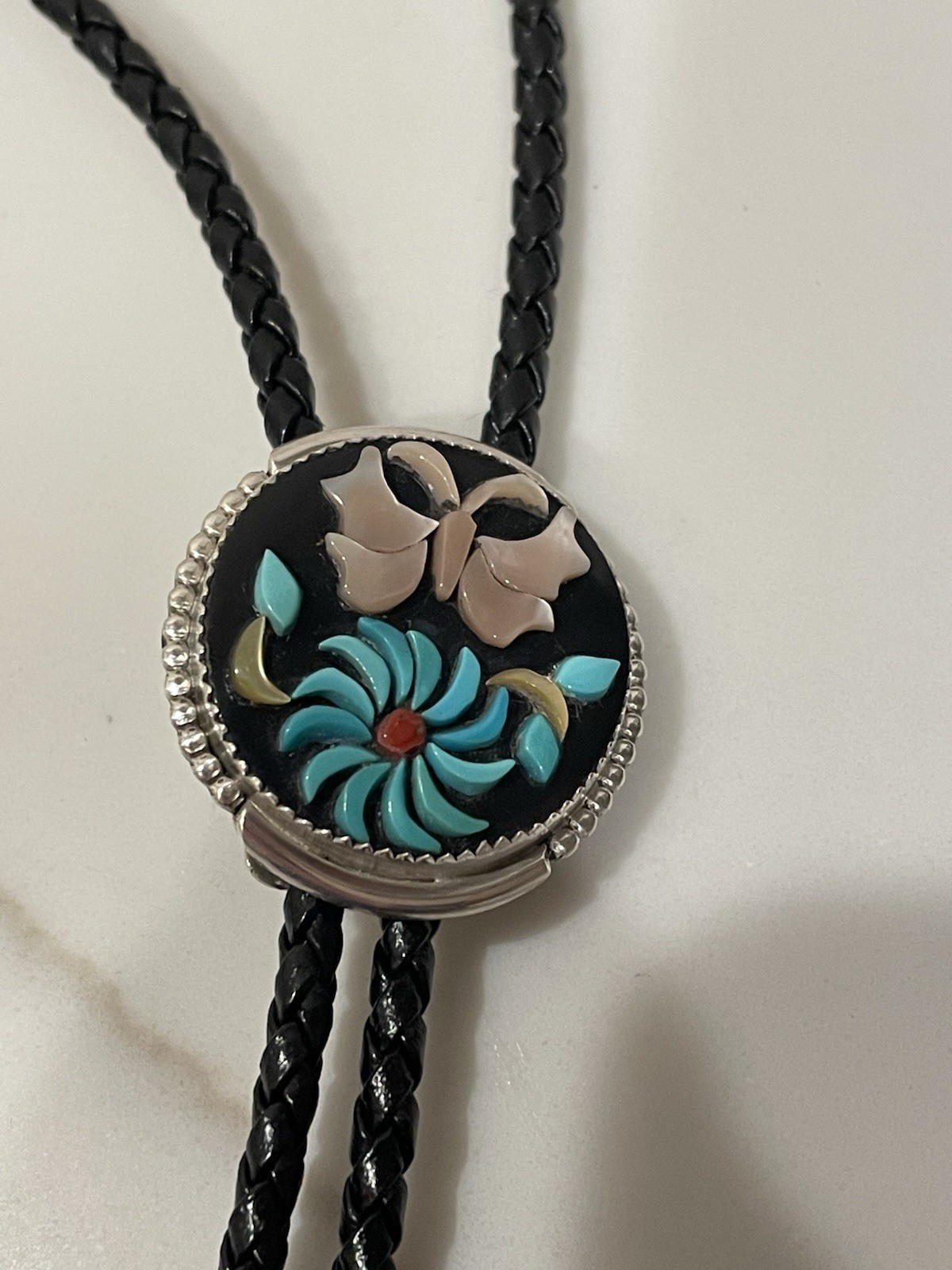 Vintage Zuni Sterling Silver Natural Multi-Stone Floral Inlay Bolo Tie 18”