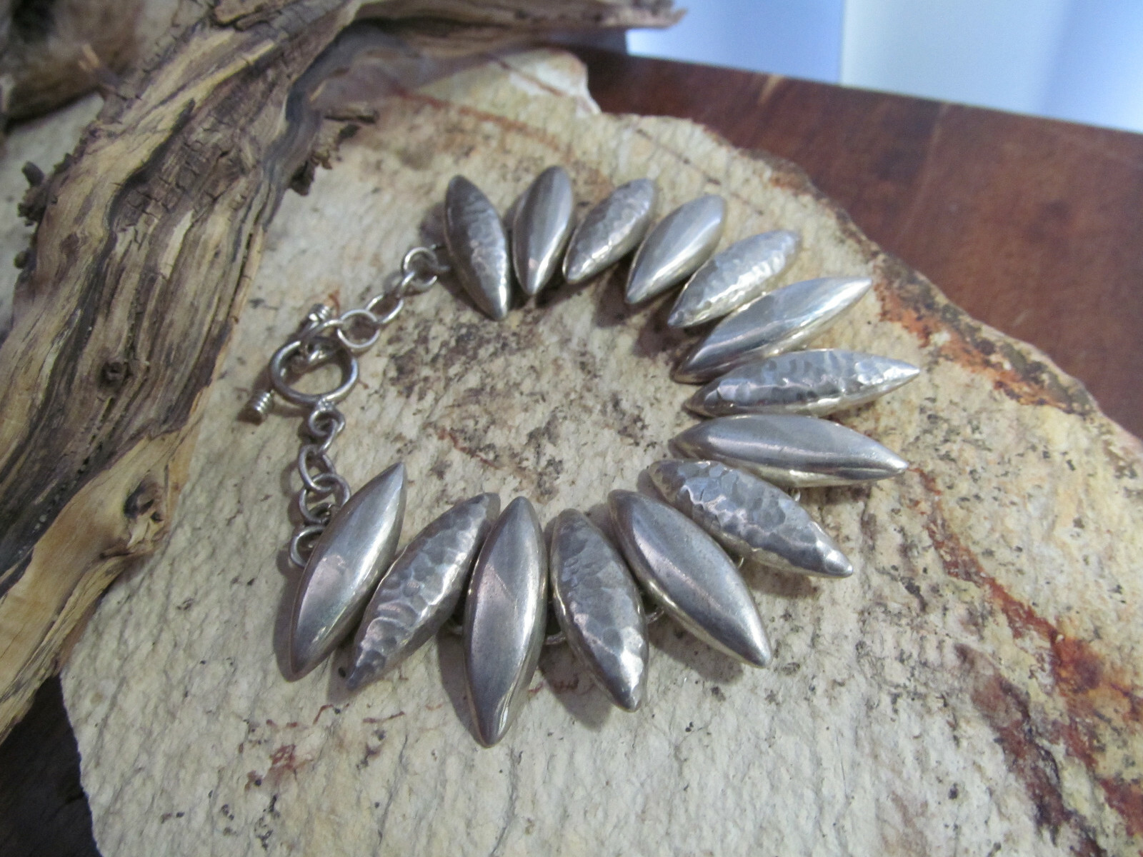Big Wrist 925 Sterling silver Navette Shaped Link Bracelet Mexico 8 3/4″, 44g