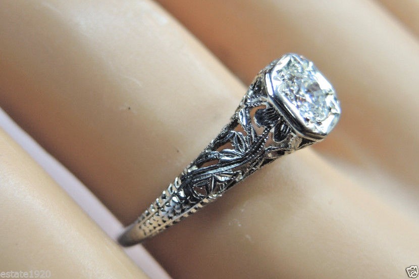 Antique Art Deco Diamond Engagement 17K White Gold Ring Size EGL USA