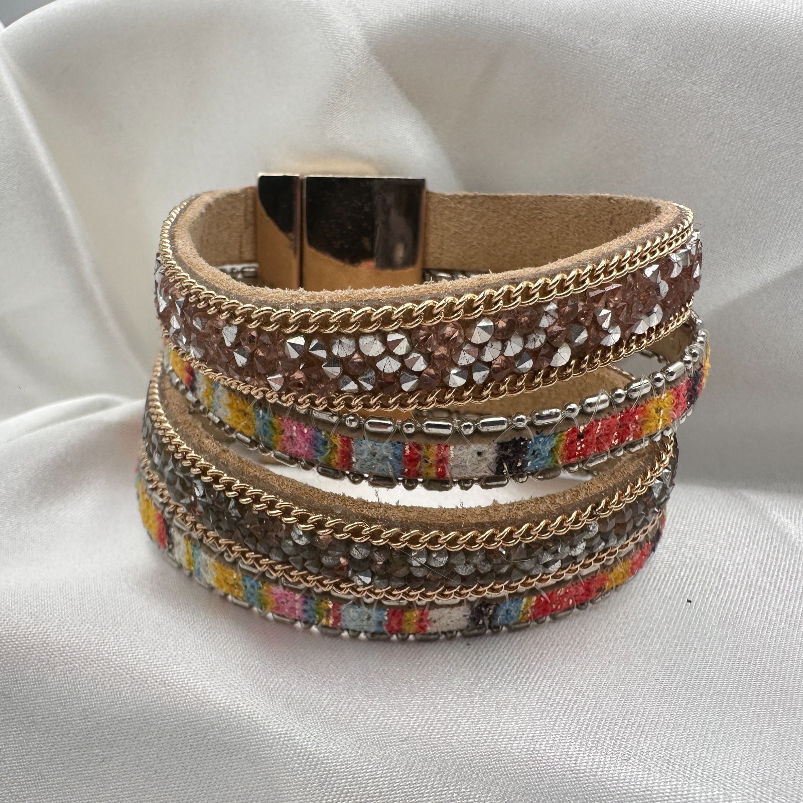Vintage 90s Multi-Strand Wrap Bracelet Glass Fabric Statement Fashion Jewelry