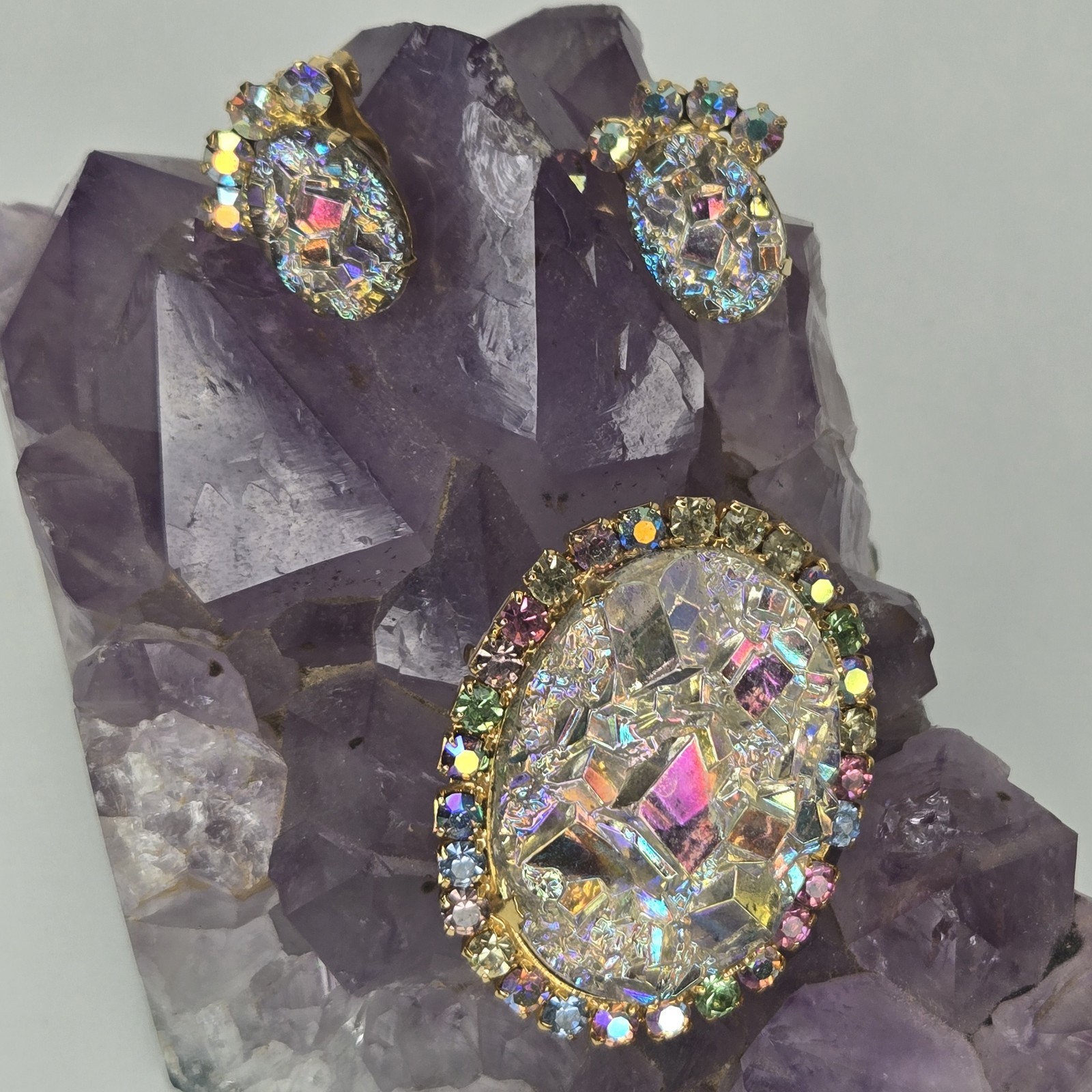 Vintage Juliana DeLizza & Elster Crystal Geode Brooch & Earrings Rare Book Piece