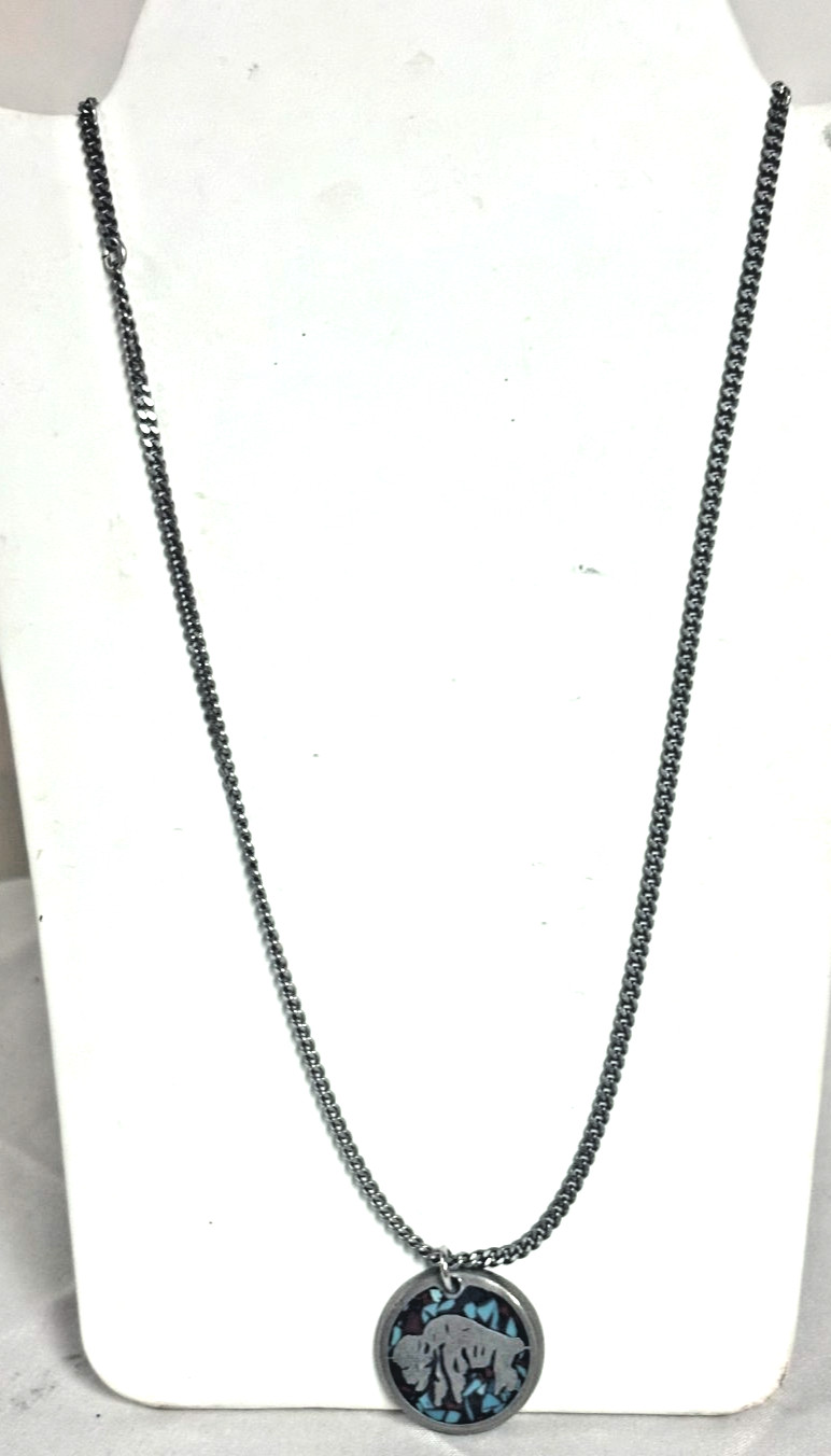 Vintage Pendant Necklace Buffalo Turquoise & Red Coral Silver Tone Chip Inlay