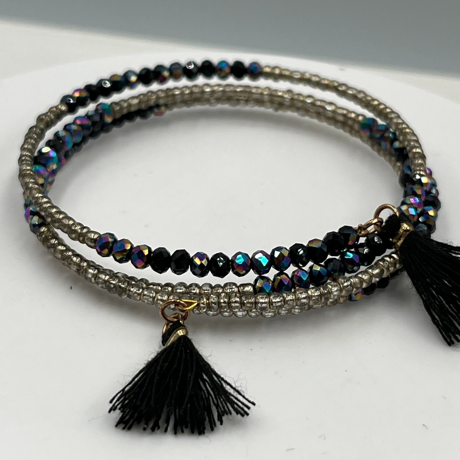 Vintage Black Iridescent Seed Bead Wrap Bracelet Silver Tone Tassel Multi-Strand