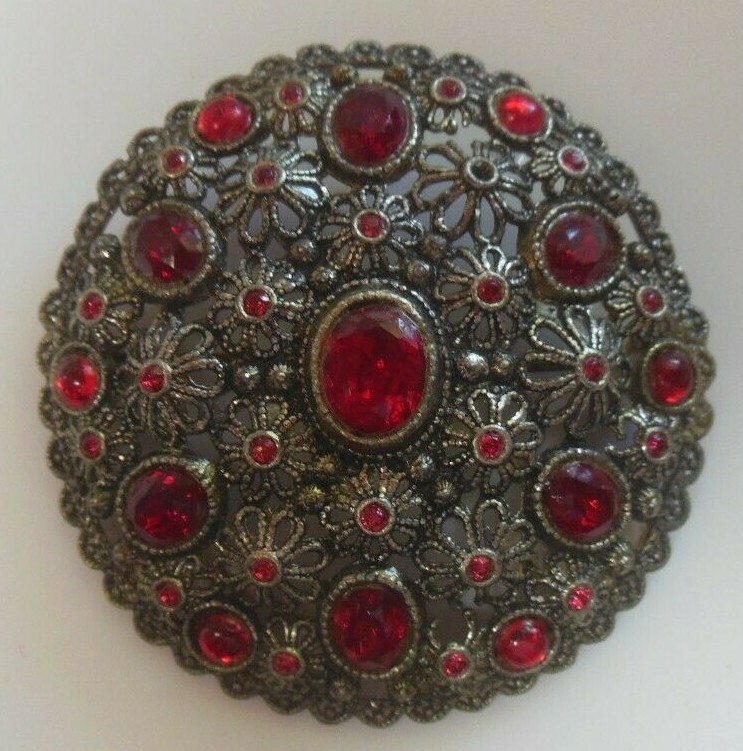 Antique New England Glass Works Large Brooch Red Rhinestones Floral Filigree