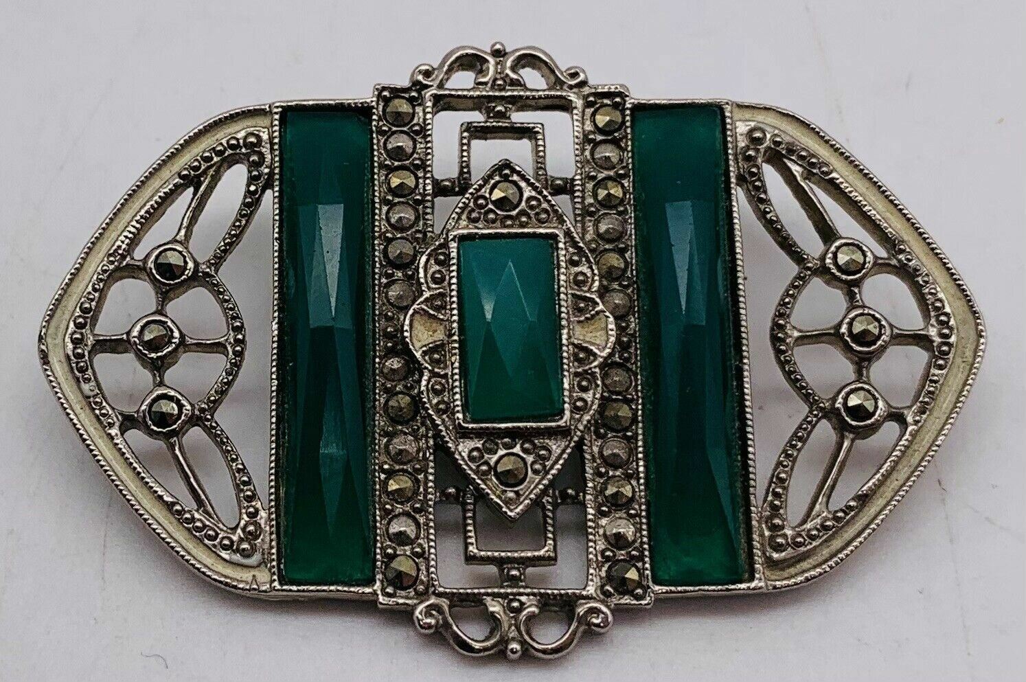 Vintage Silver Jade Brooch with Rhinestones Art Deco 2″ x 1.5″ Ornate Intricate