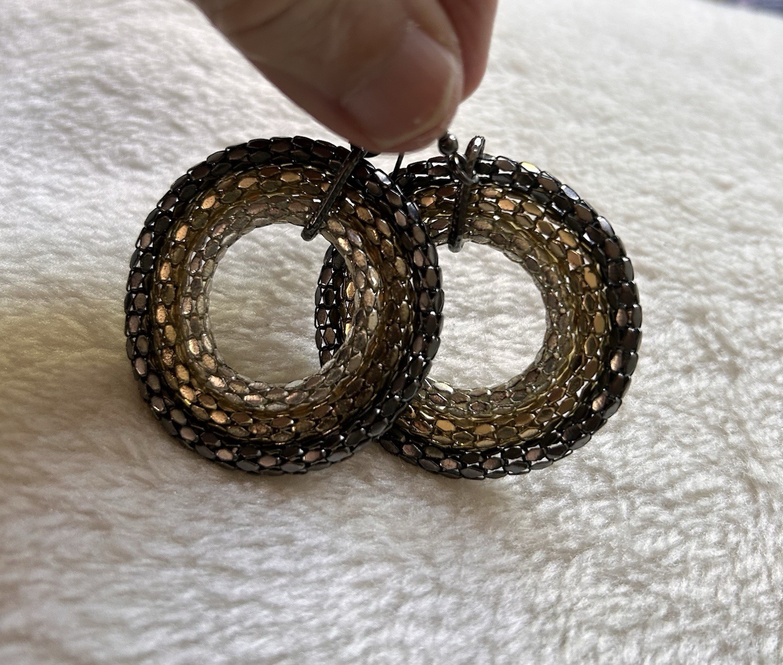 70s Metallic 3 Circle Dangle Statement Earrings- Light/Dark Silver & Gold~ 1-3/4