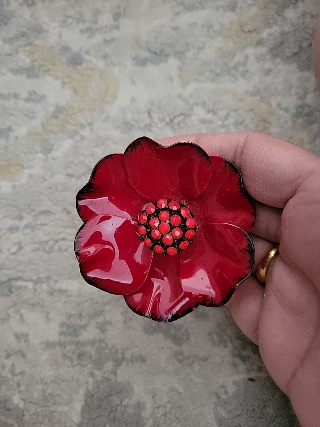 VNTG Large Bright Red Poppy Flower Brooch Black Border & Red Beads Center 2.5